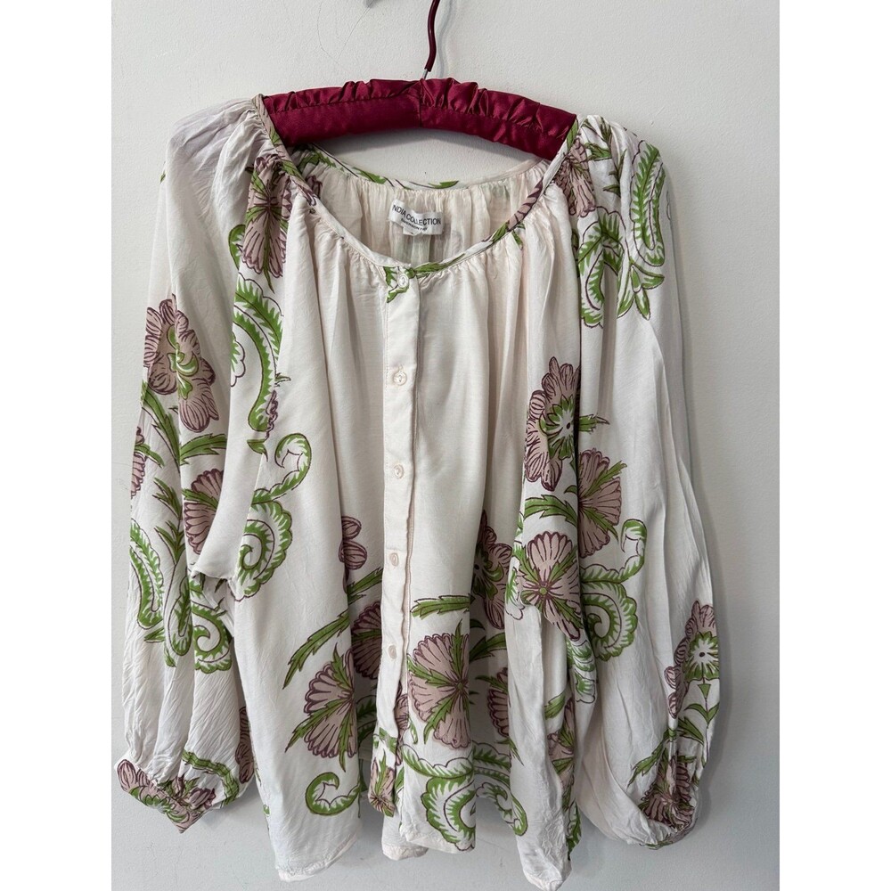 Emerson Fry Cream Peasant Blouse with Green and Mauve Floral Print
